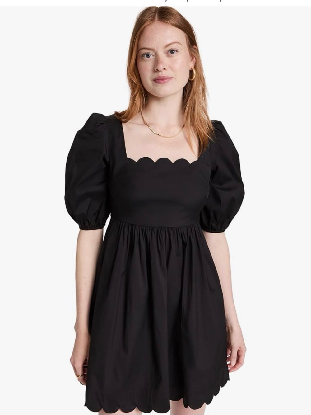 Shoshanna Selma Black Scallop Square-Neck Puff Sleeve Dress